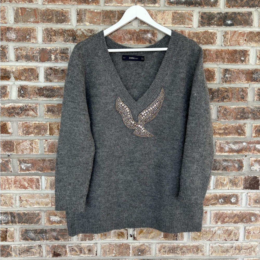 ZARA Embellished V-Neck Alpaca Blend Oversized Sweater Medium